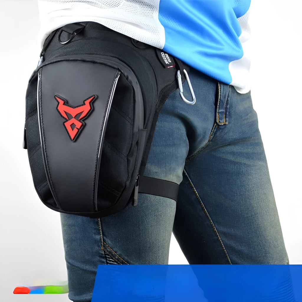 Motorcycle riding leg bag in 1200D Oxford cloth with crossbody strap, shown in grey colour.