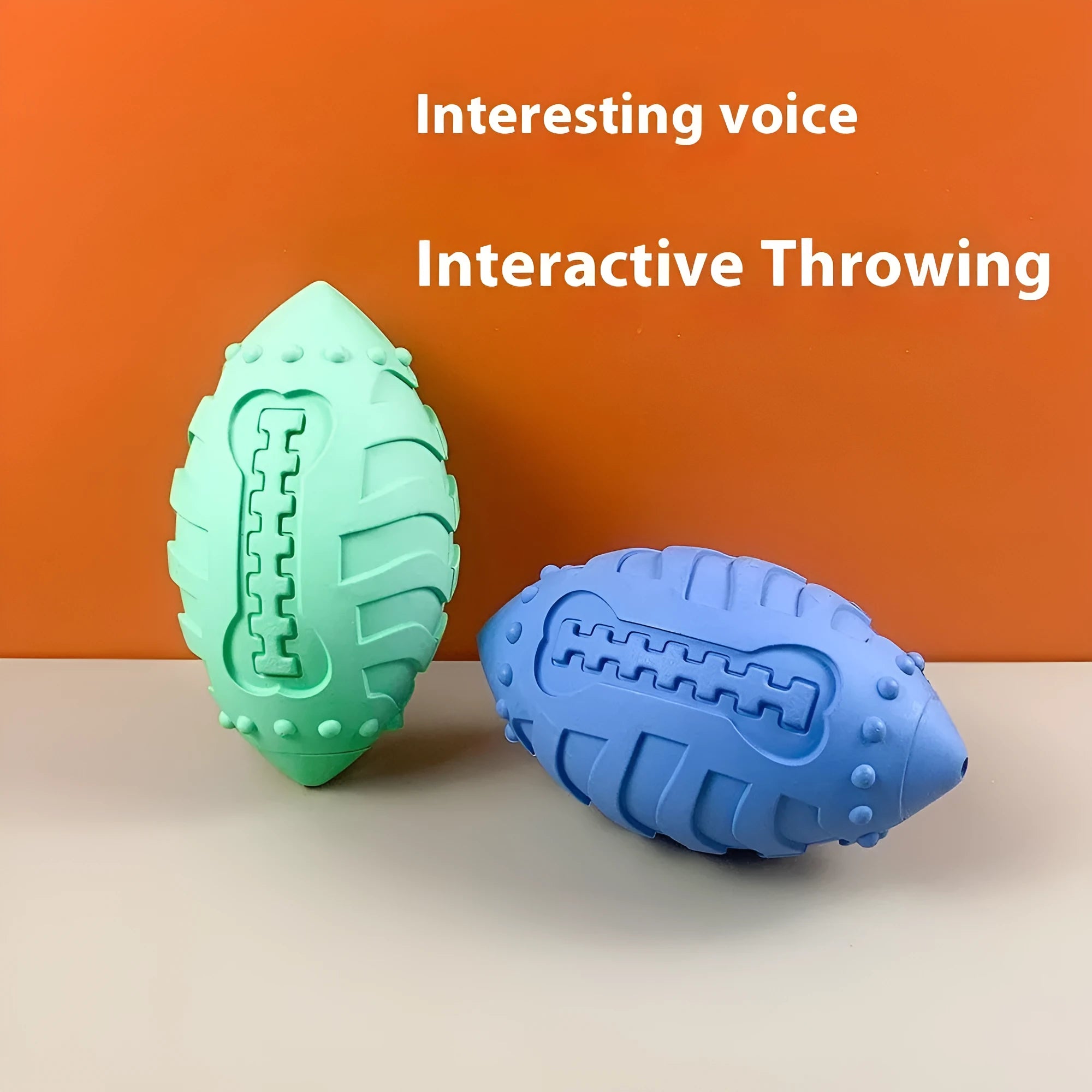 Light green and sapphire blue thickened rubber rugby ball dog toy with bite-resistant construction.