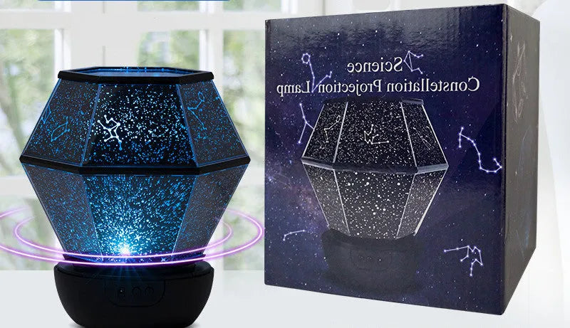 Children's rotating stars LED night light projecting coloured star patterns on bedroom wall