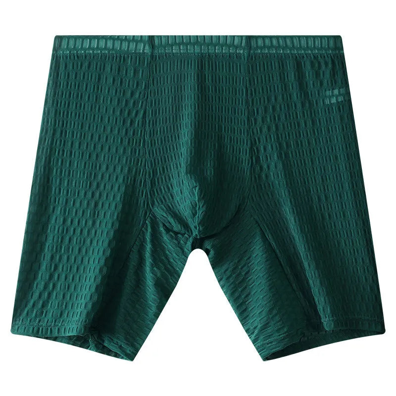 Men's lace boxer shorts in nylon fabric on a mid-waist mannequin, showing transparent knitted construction.