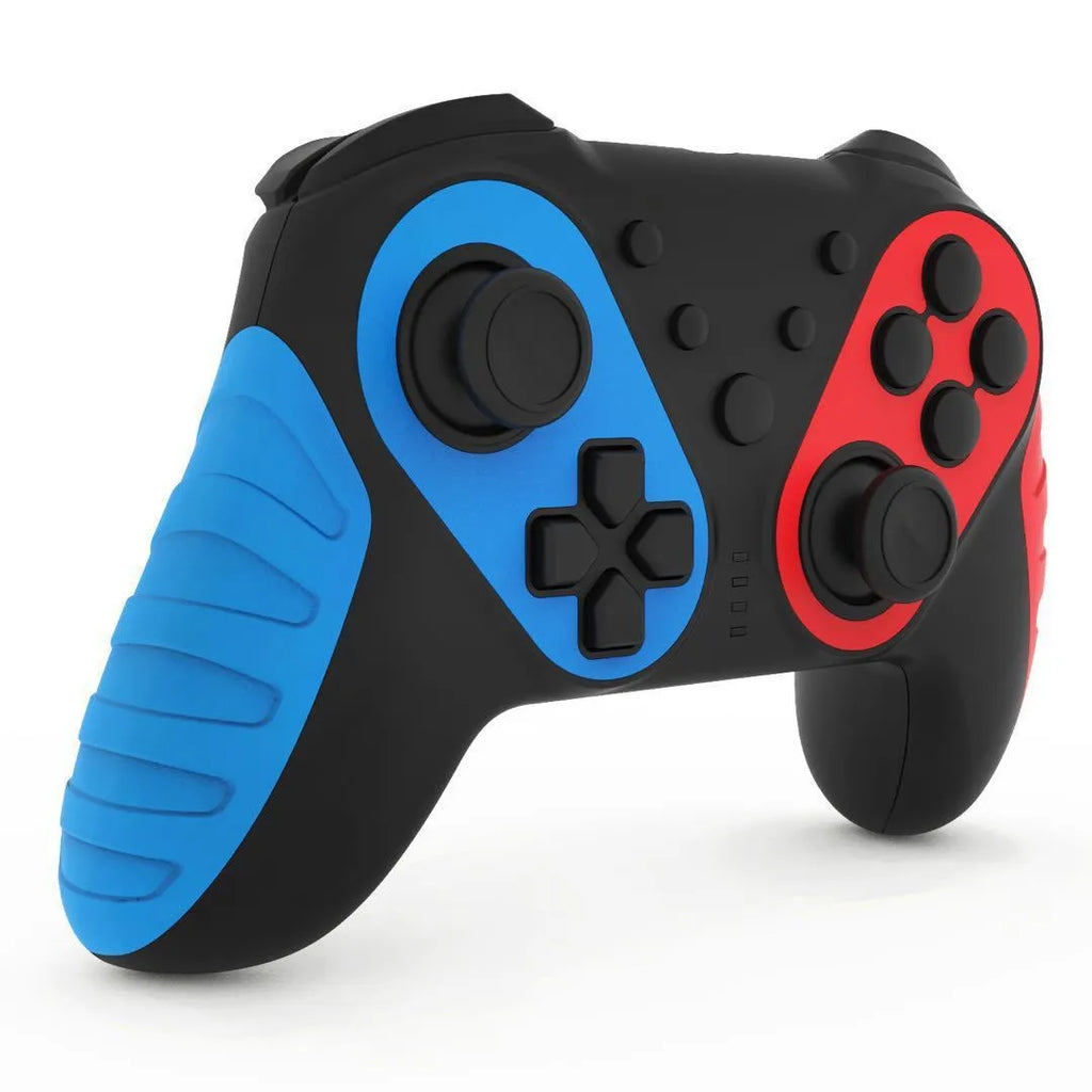 Red and blue wireless Bluetooth game controller for Nintendo Switch and PC on a stand.