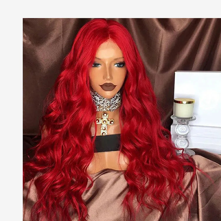 Long curly red female wig on stand with 26 inch length and half hand-woven construction