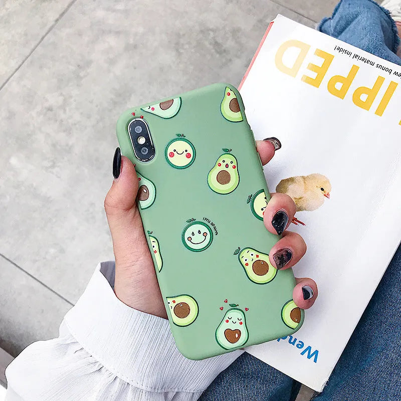 Green avocado cartoon design on a flexible black TPU phone case for iPhone.
