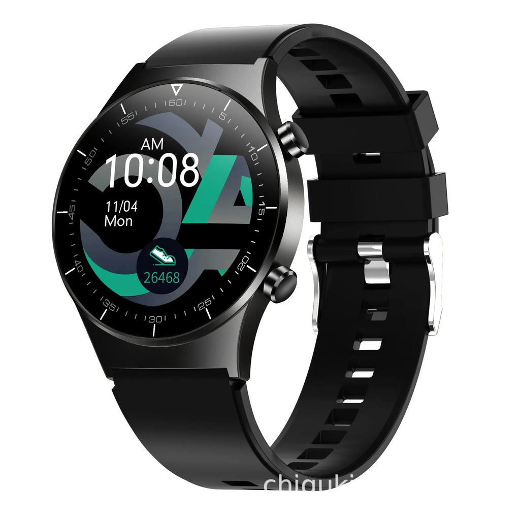 Black smart watch with TPU wristband showing 1.3 inch screen displaying heart rate and blood pressure readings