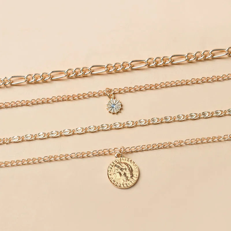 Chunky layered coin necklace gold finish water wave chain for women 41-50cm