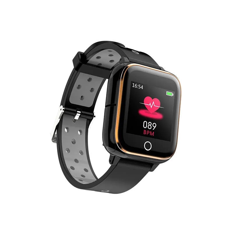 Black smart watch with integrated Bluetooth earbuds showing 1.4 inch display with heart rate data