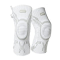 Grey and white adult sports knee pad for left or right foot, shown in sizes M, L, or XL.