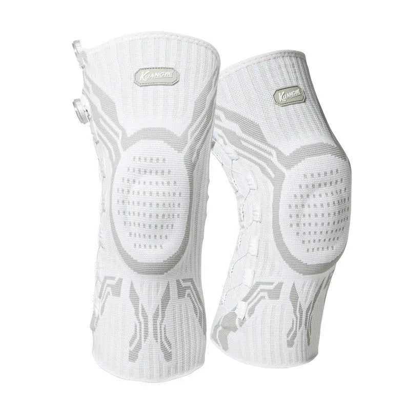 Grey and white adult sports knee pad for left or right foot, shown in sizes M, L, or XL.