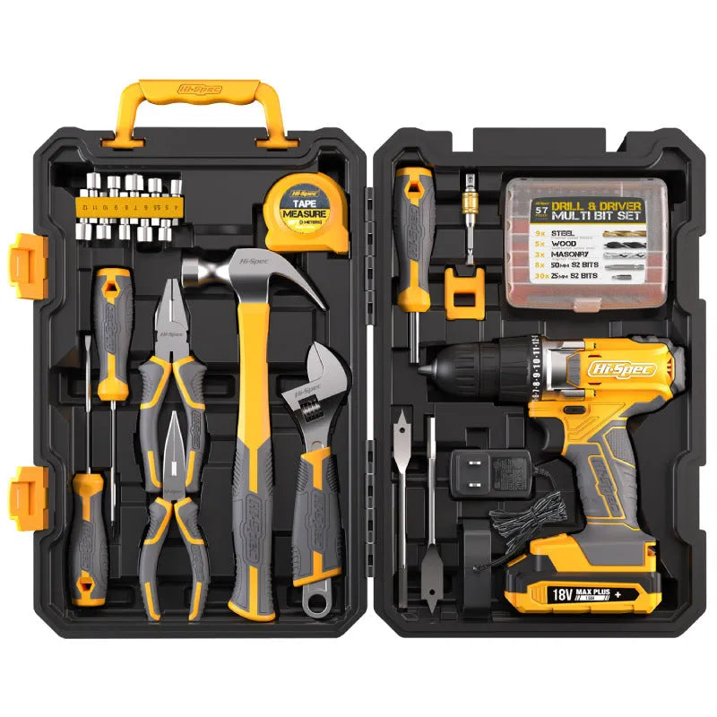 Grey yellow 82-piece chrome-vanadium steel tool combo set in a case for furniture installation.
