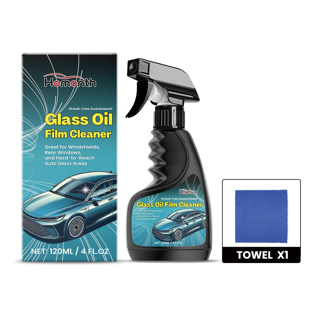 Glass oil film cleaner in 120ml bottle with white towel for oil removal cleaning
