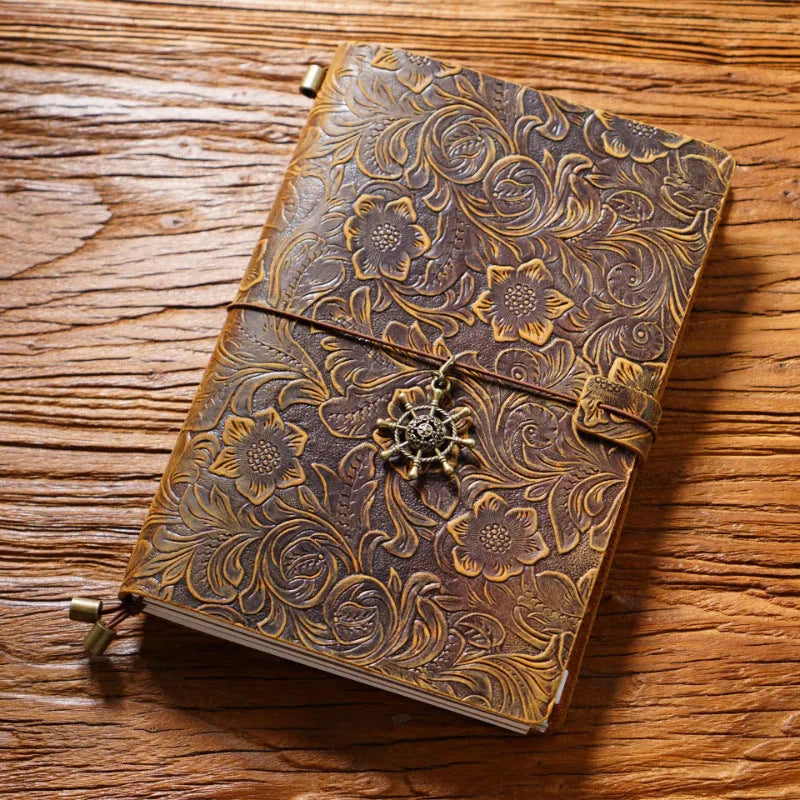 Creative vintage engraving cowhide travel notepad in black A5 size with genuine leather cover