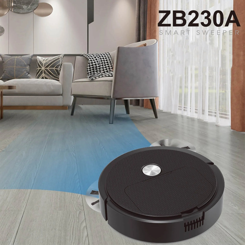 Intelligent sweeping robot, three-in-one, 22x22x6.2cm, black colour, on hardwood floor