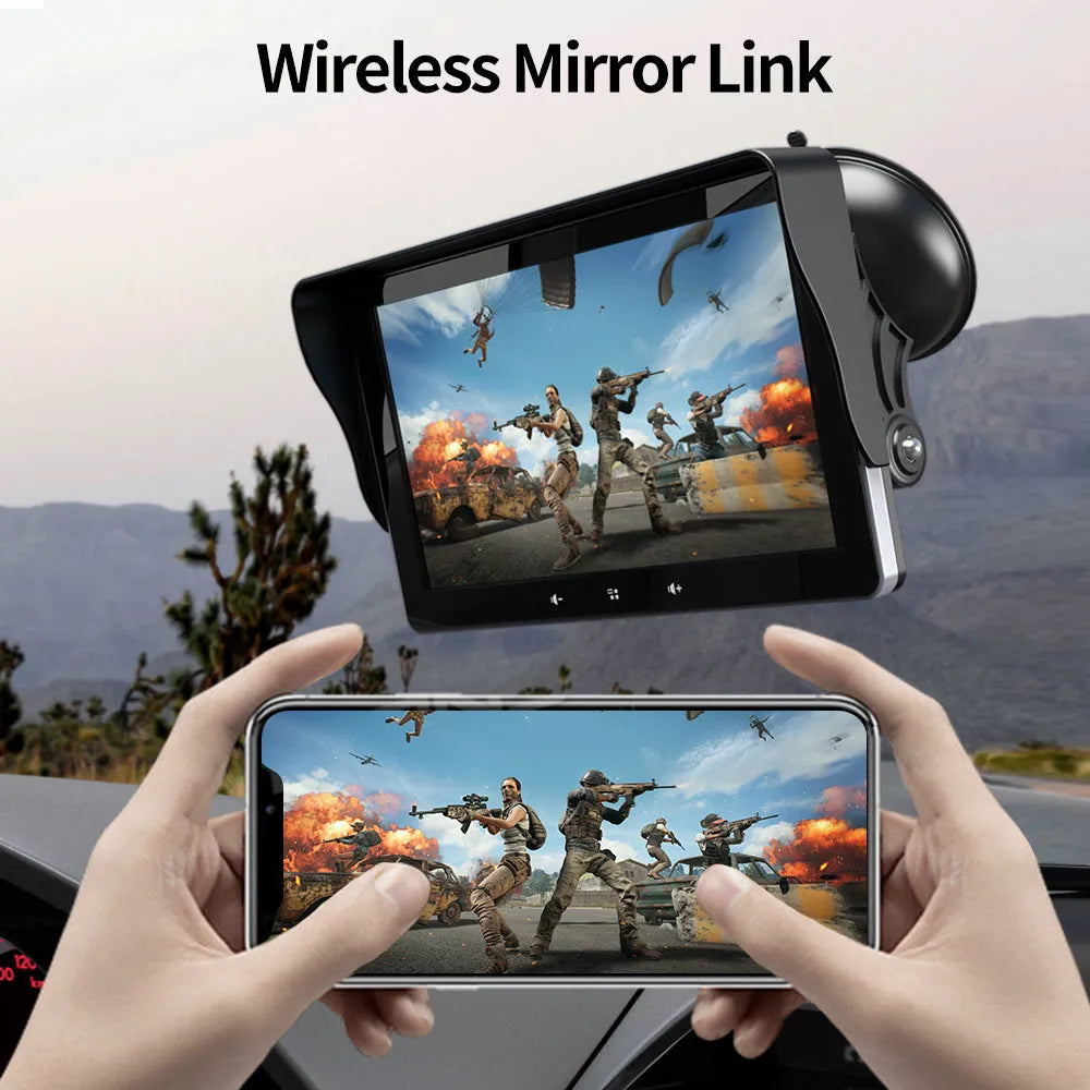 7 inch wireless CarPlay car display with suction cup mount and cigarette lighter connector