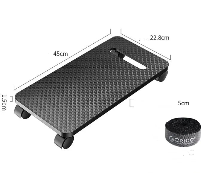 Orico black CPU floor stand with wheels holding a desktop tower vertically on a hard floor
