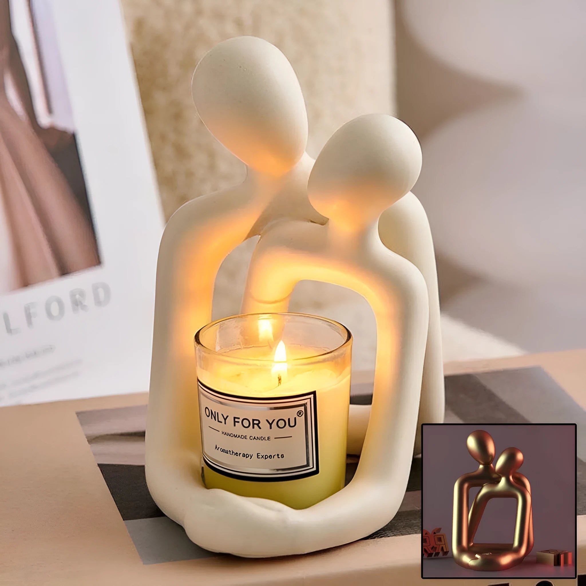 Modern couple resin statue in milky white or gold colour on a desk or shelf