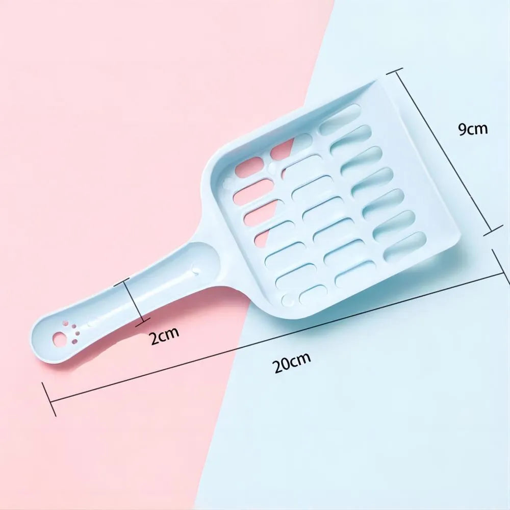 Plastic cat litter scoop in blue, green or pink, showing 20cm length.