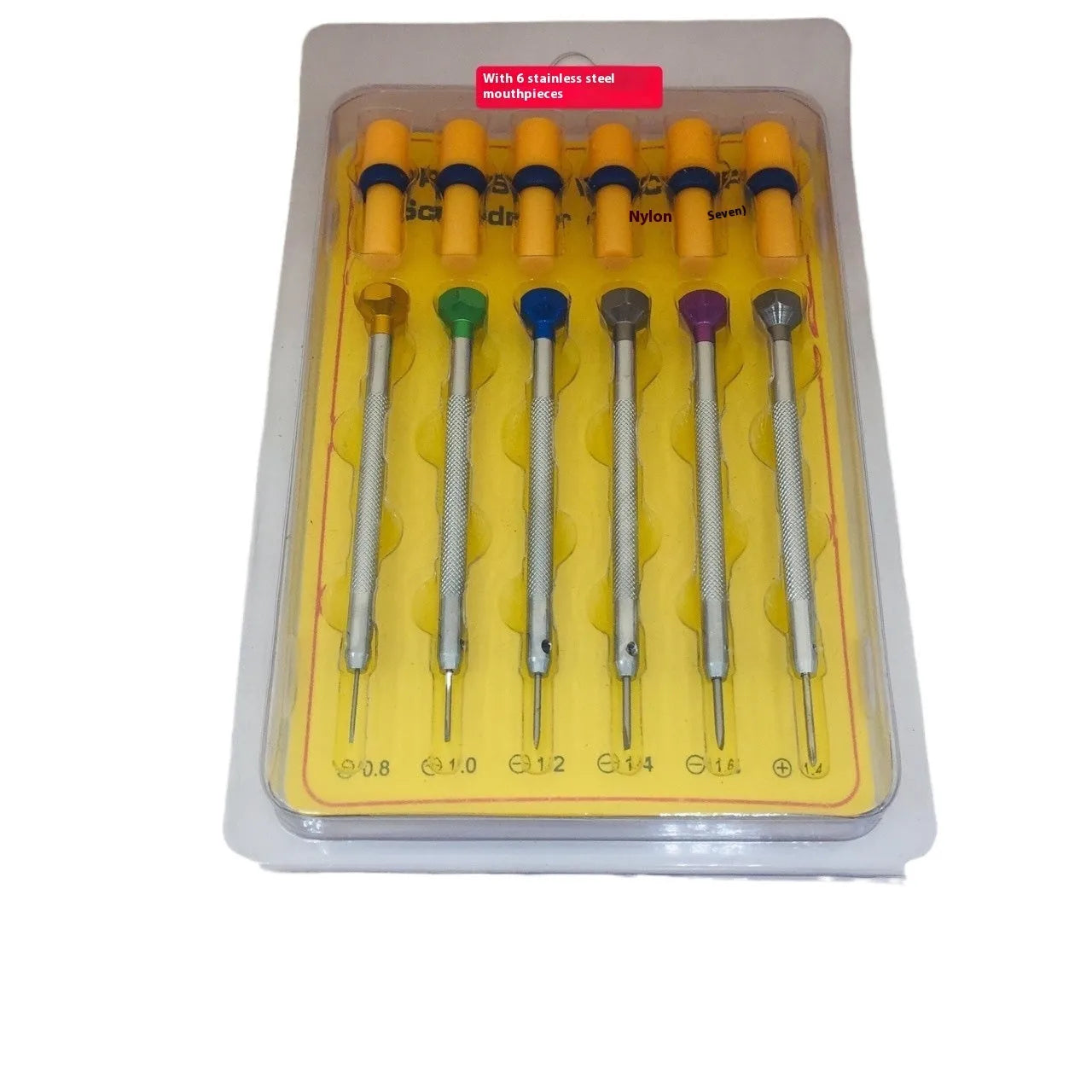 Six colour-coded watch repair screwdrivers with copper handles stored in an open aluminium case.