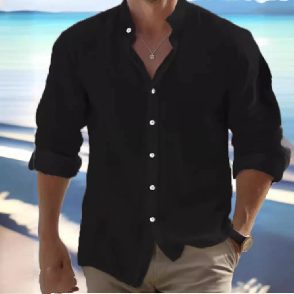 Men's light grey linen button-down summer shirt with a casual pullover style on a hanger.