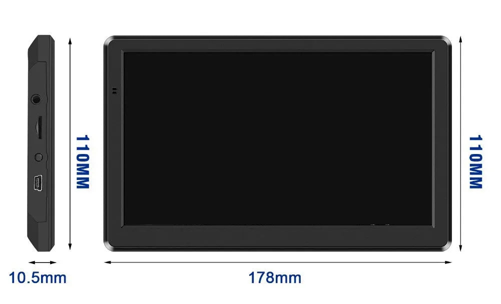 Black portable car GPS navigation device with a 7-inch touchscreen, shown mounted on a car windscreen with bracket.