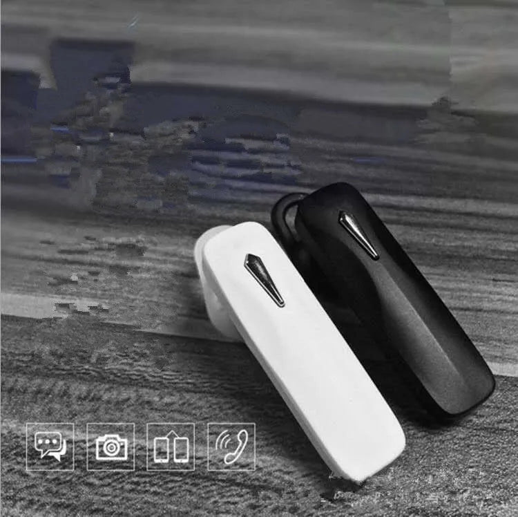 M163 black and white car Bluetooth headset with buttons for hands-free calls and music control