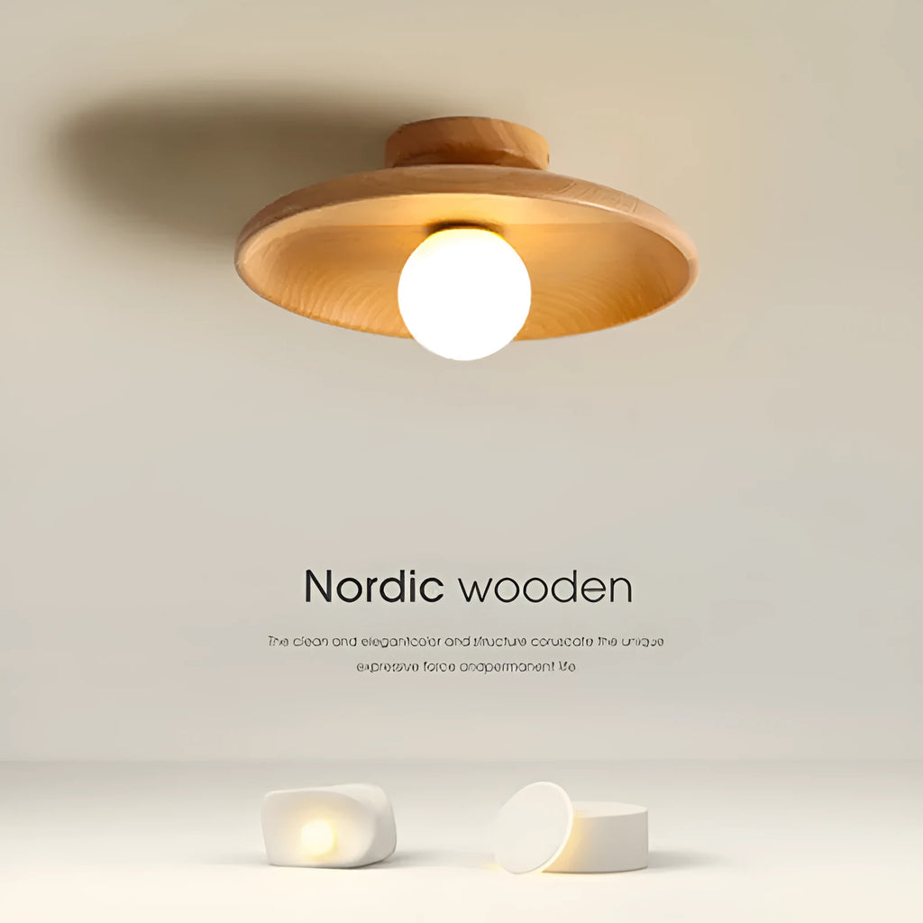 Solid wood modern minimalist ceiling lamp with glass shade in wood colour or walnut colour finishes