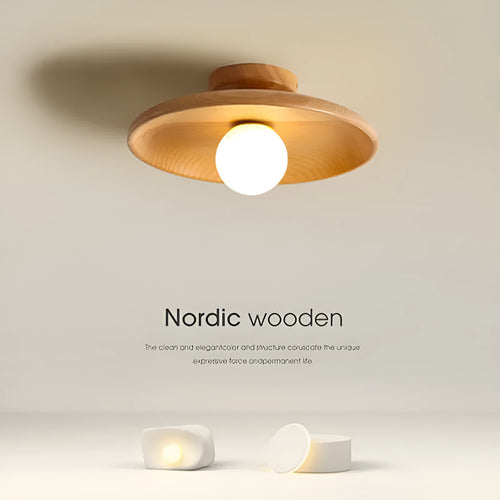 Solid wood modern minimalist ceiling lamp with glass shade in wood colour or walnut colour finishes