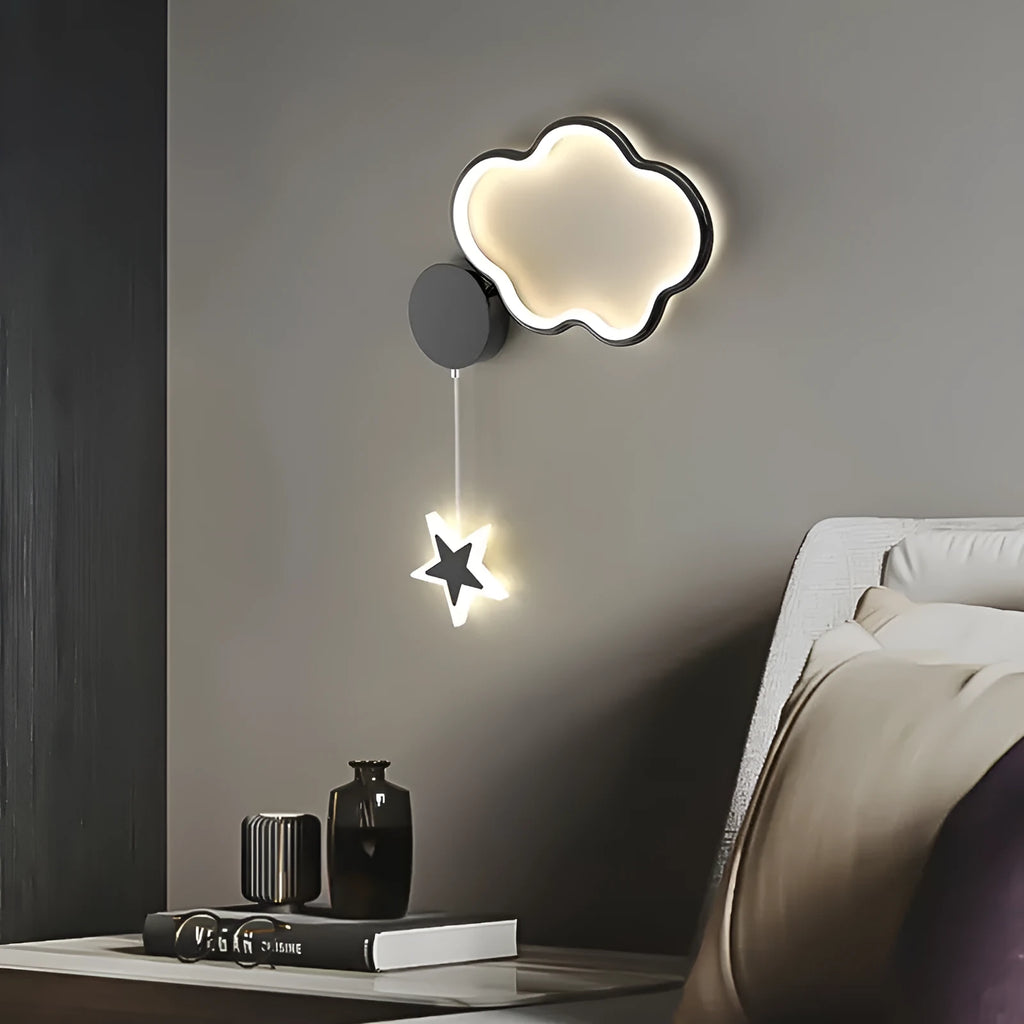 Children's cloud and star themed LED bedside wall lamp in black or white.