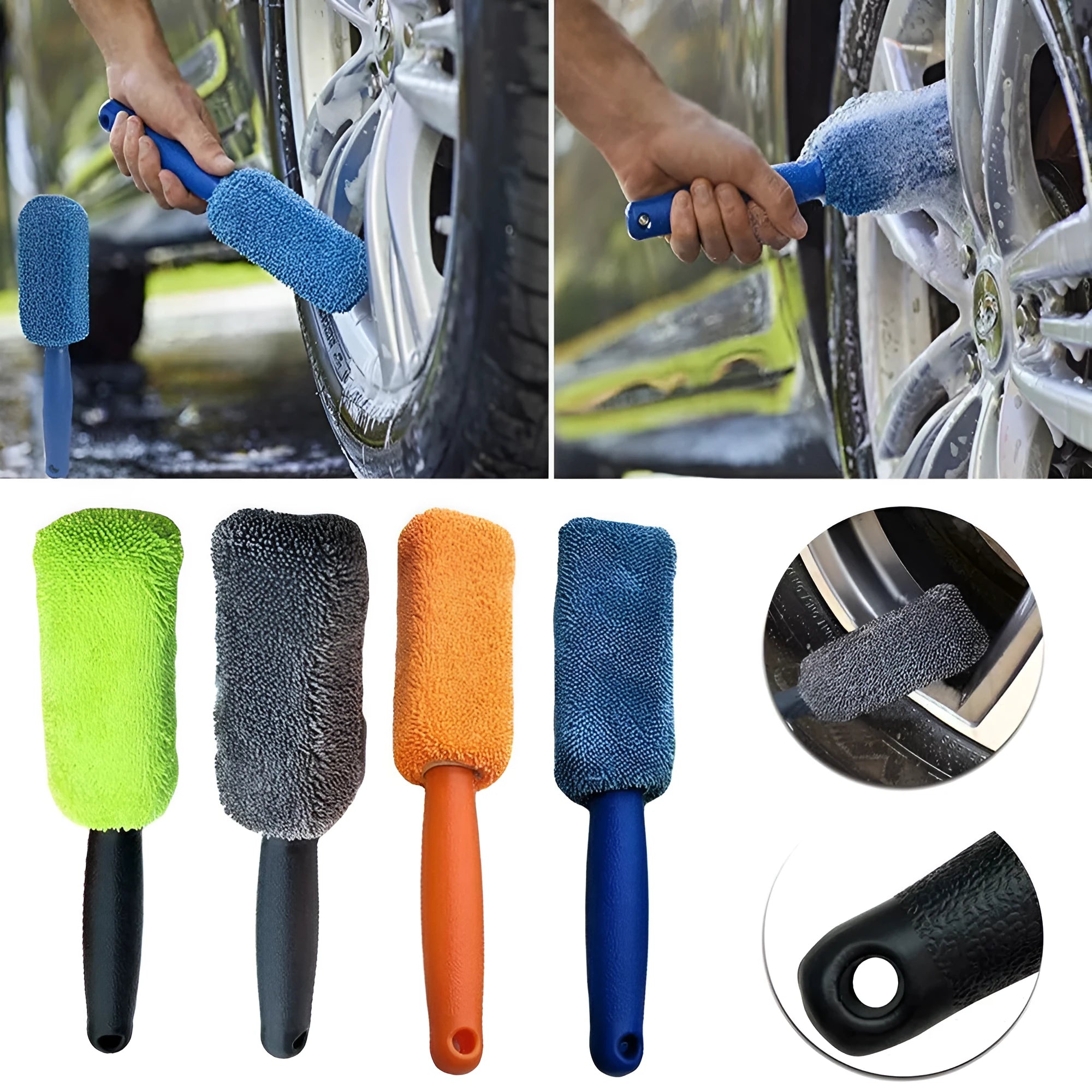 Microfiber long handle tire brush with blue head, 27 x 5 cm, for car wheel cleaning