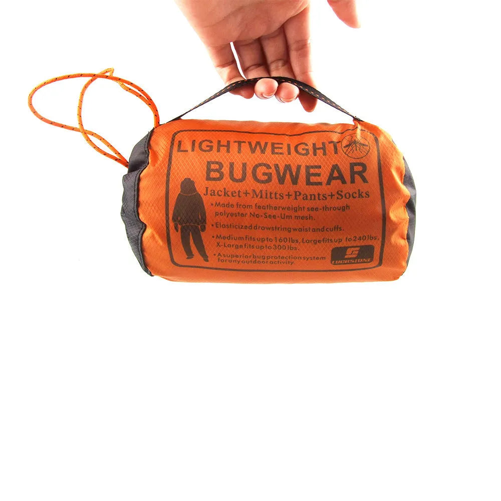 Four-piece mosquito-proof suit set showing hooded jacket, pants, and booties in breathable mesh fabric