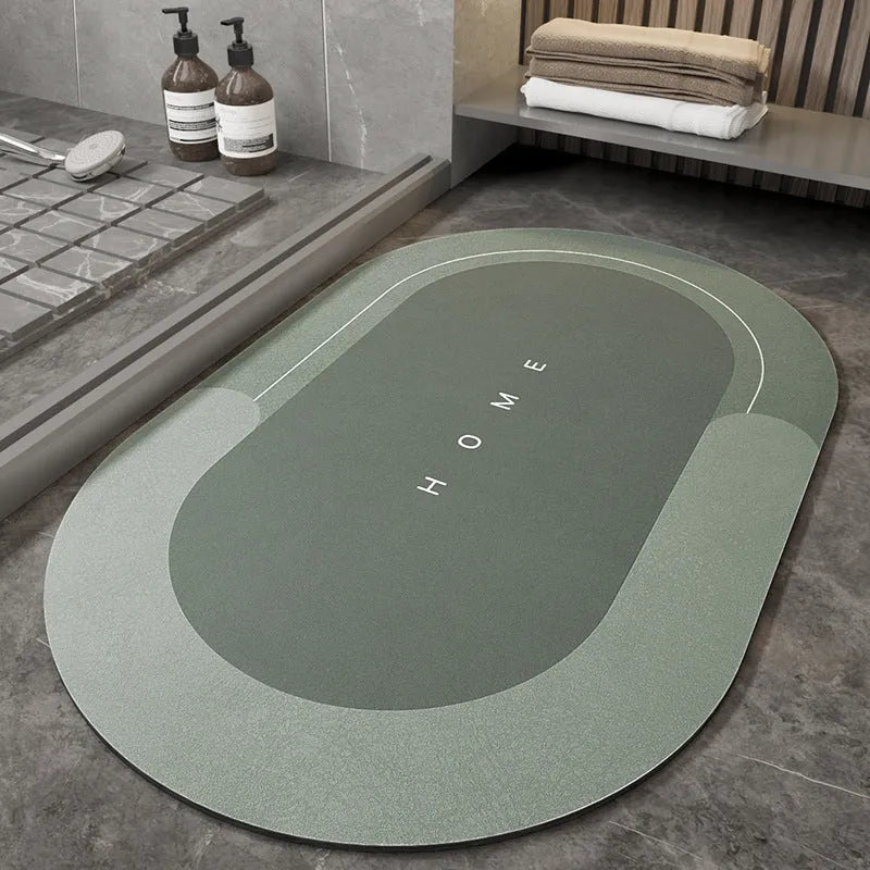 Cushioned blue oval bathroom floor mat on tiled flooring