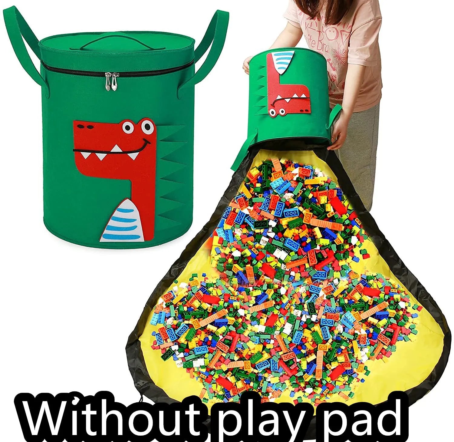 Green felt cube storage bag with pull rope open as a floor play mat for toys.