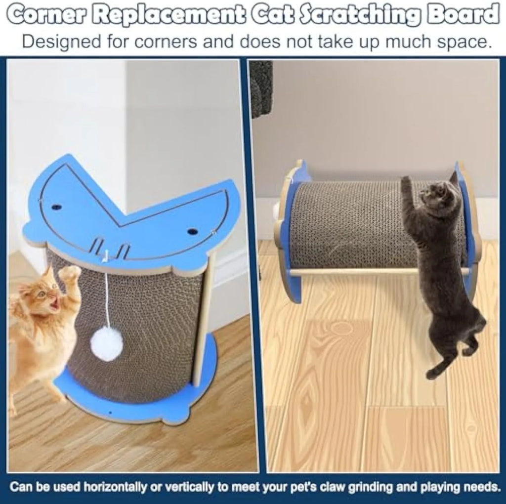Triangular corner cat scratching pad with hanging ball toy against wall