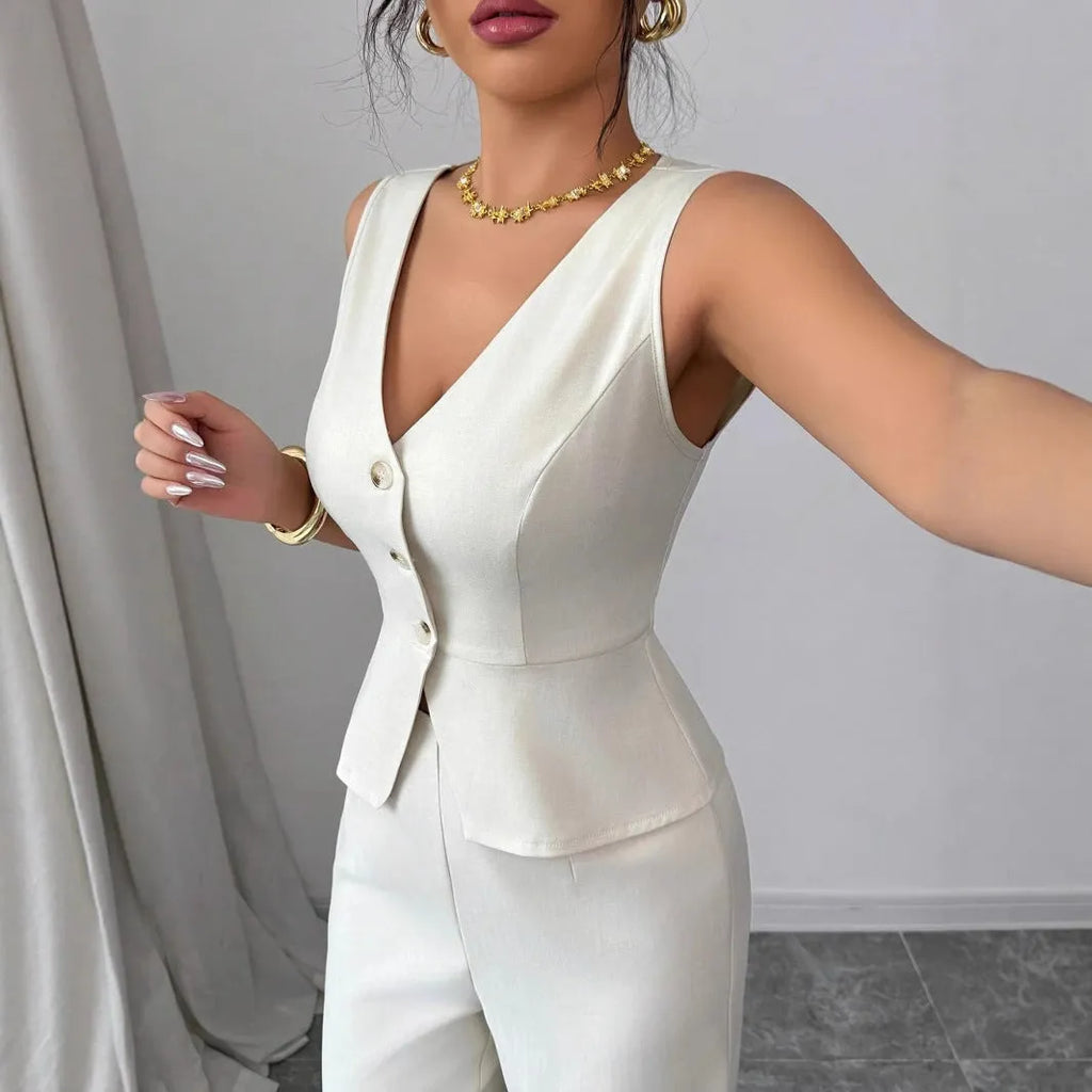 Women's black sleeveless vest and high waist trousers two-piece casual set