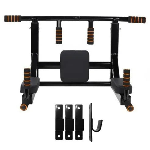 Black steel wall-mounted fitness unit with a sandbag rack and single parallel bars for pull-ups.