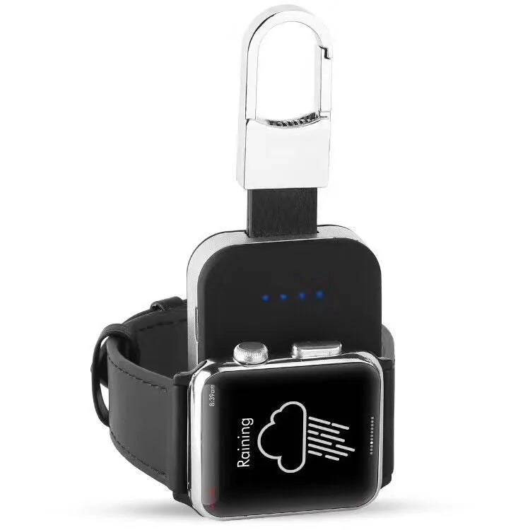 Black Apple Watch wireless charging power bank on a keyring