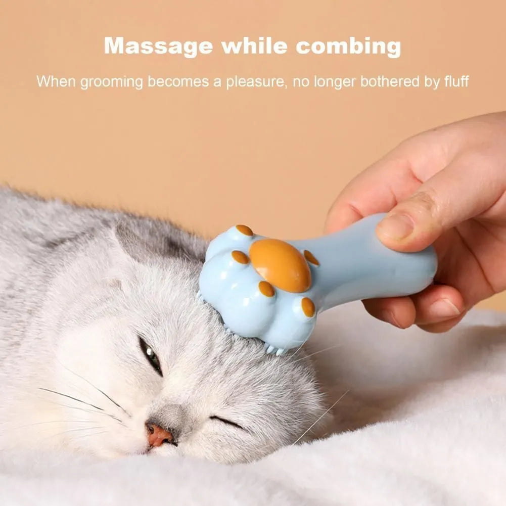 Blue cartoon design dual-purpose cat grooming brush and dental toy with catnip on a white background.