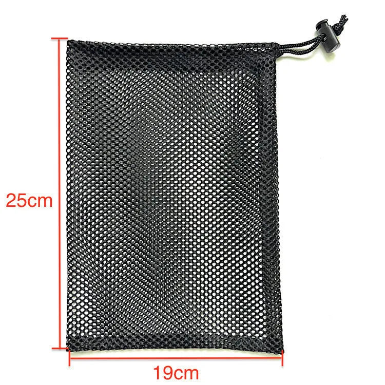 Black mesh drawstring storage bag with three size options for water toys.