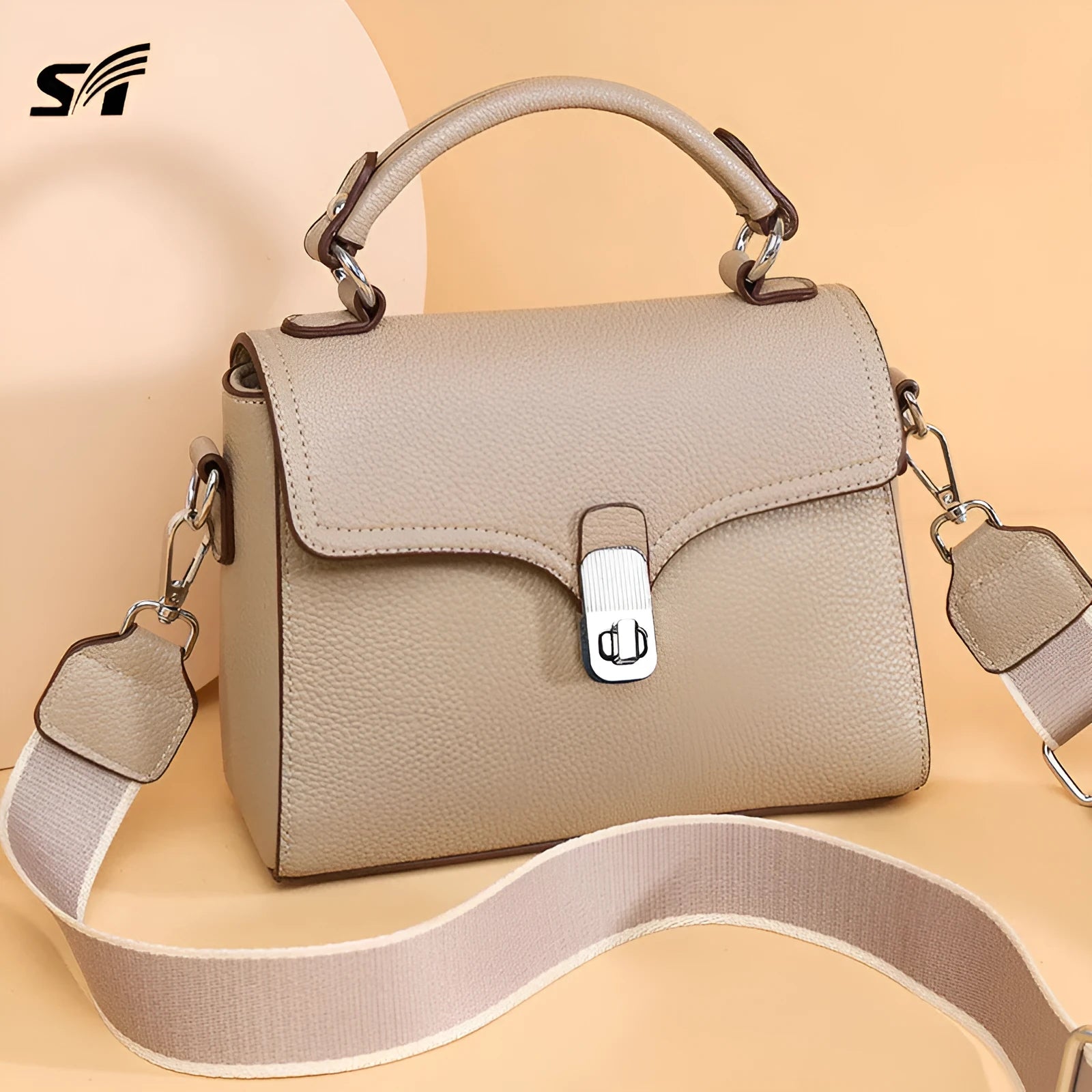 Korean commuter women's cross-body bag genuine leather oval shape sandwich pocket 21x18x9cm