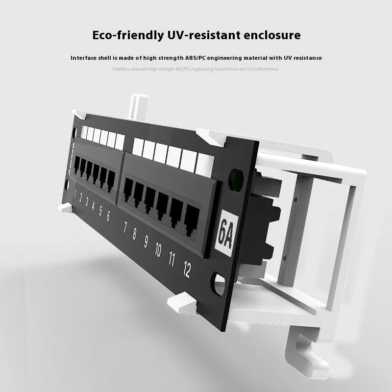 Black unshielded 12-port network distribution frame with hook bracket for cabinet mounting.