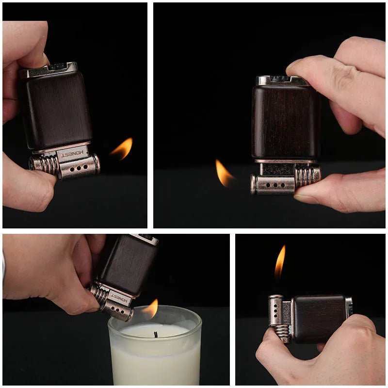 Ebony gas lighter with metal construction and decorative wood finish options