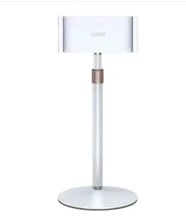 Black adjustable metal bracket holding an 11-inch tablet on a desk