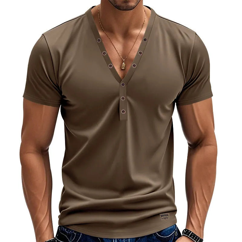 Men's loose thin V-neck pullover top with button design in chemical fibre blend fabric, shown in light blue colour