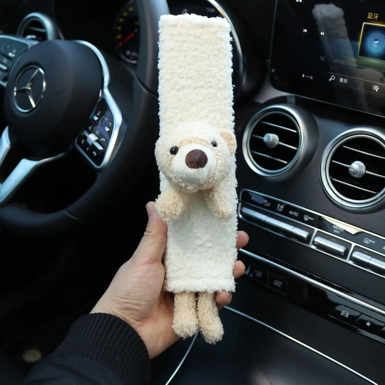 Cartoon animal car seatbelt shoulder protector in lamb wool with rabbit and bear designs