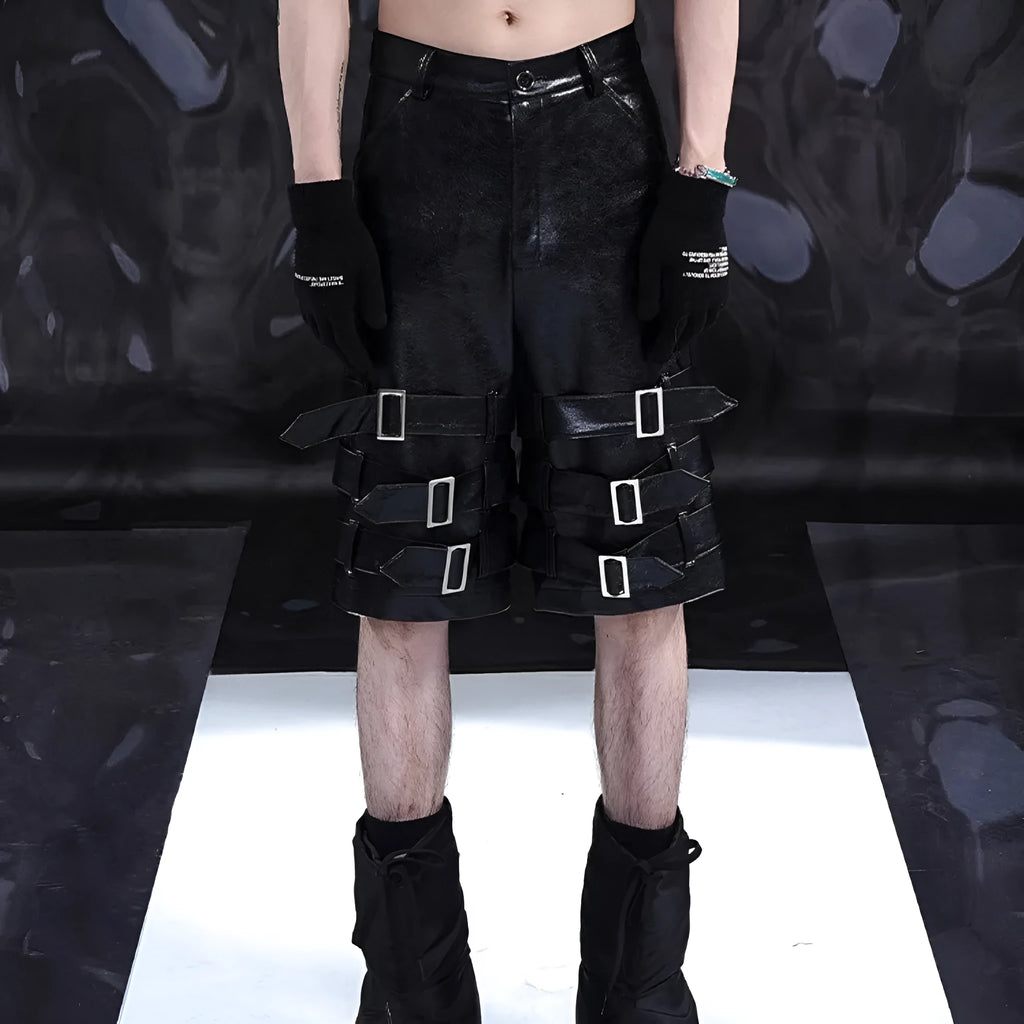 Men's black PU leather casual shorts with cropped length and mid-low waist.