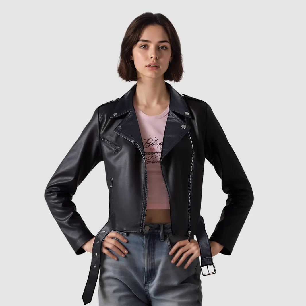 Women's black PU leather motorbike jacket with lapel collar and detachable short belt.