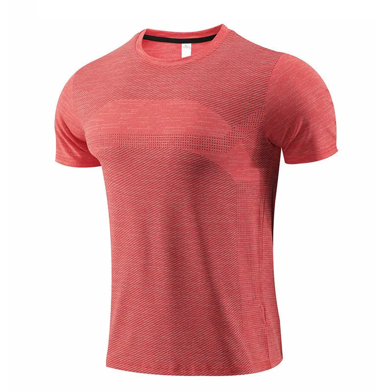 A short-sleeved sports T-shirt for running and basketball in a polyester spandex fabric.