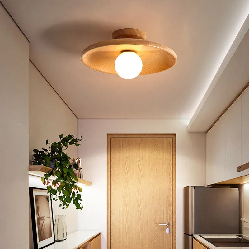 Solid wood modern minimalist ceiling lamp with glass shade in wood colour or walnut colour finishes