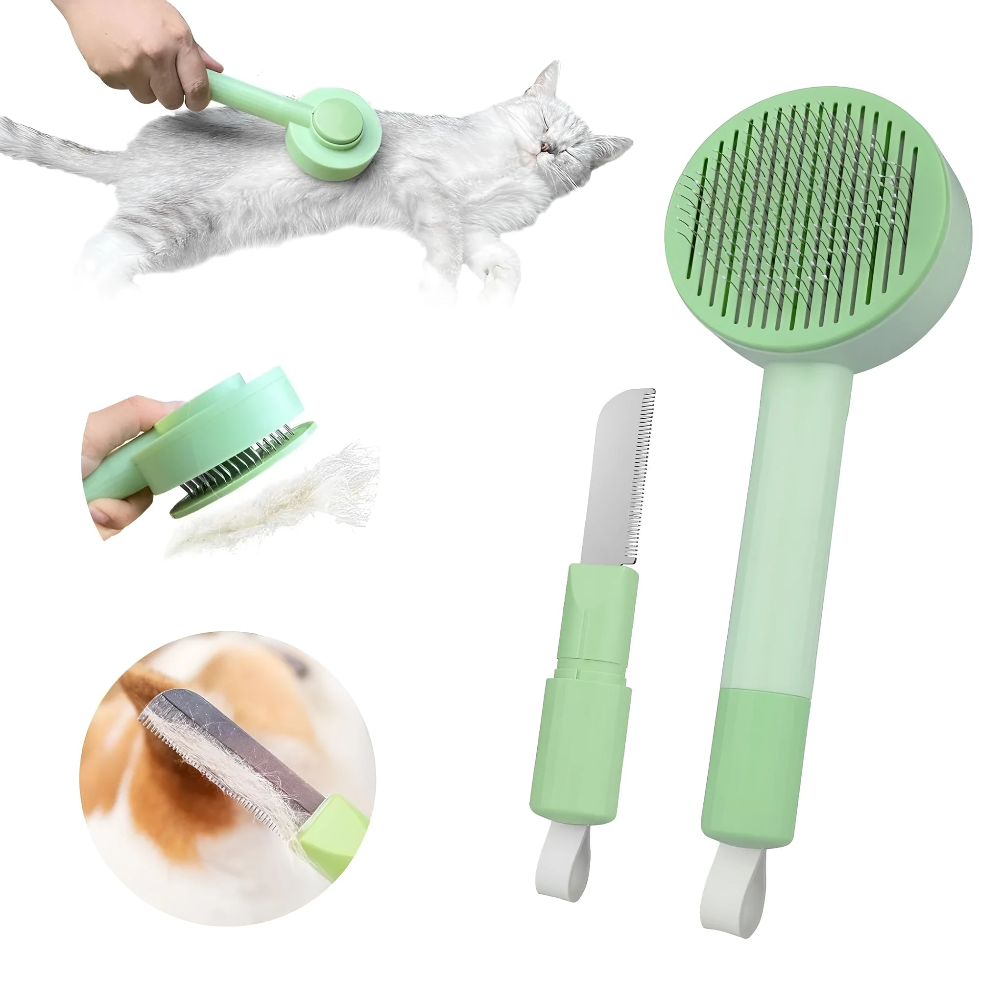 Green and yellow 2-in-1 pet grooming brush with stainless steel teeth and hanging loop.