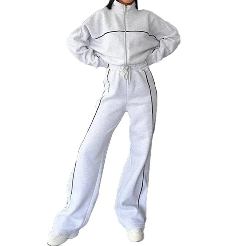 Women's two-piece casual suit with mock neck hoodie and striped trousers in apricot colour