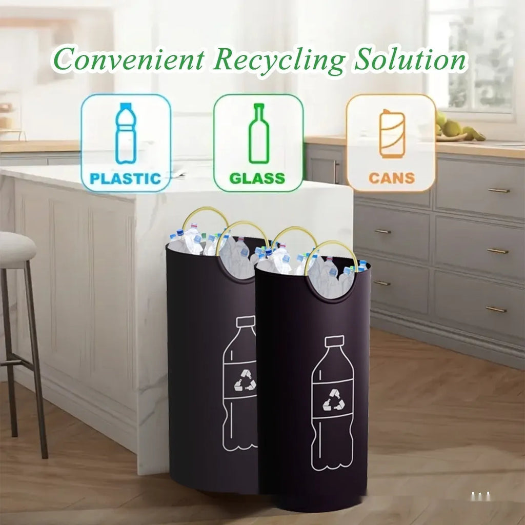 Round portable trash can measuring 38x72cm with plastic garbage bag included